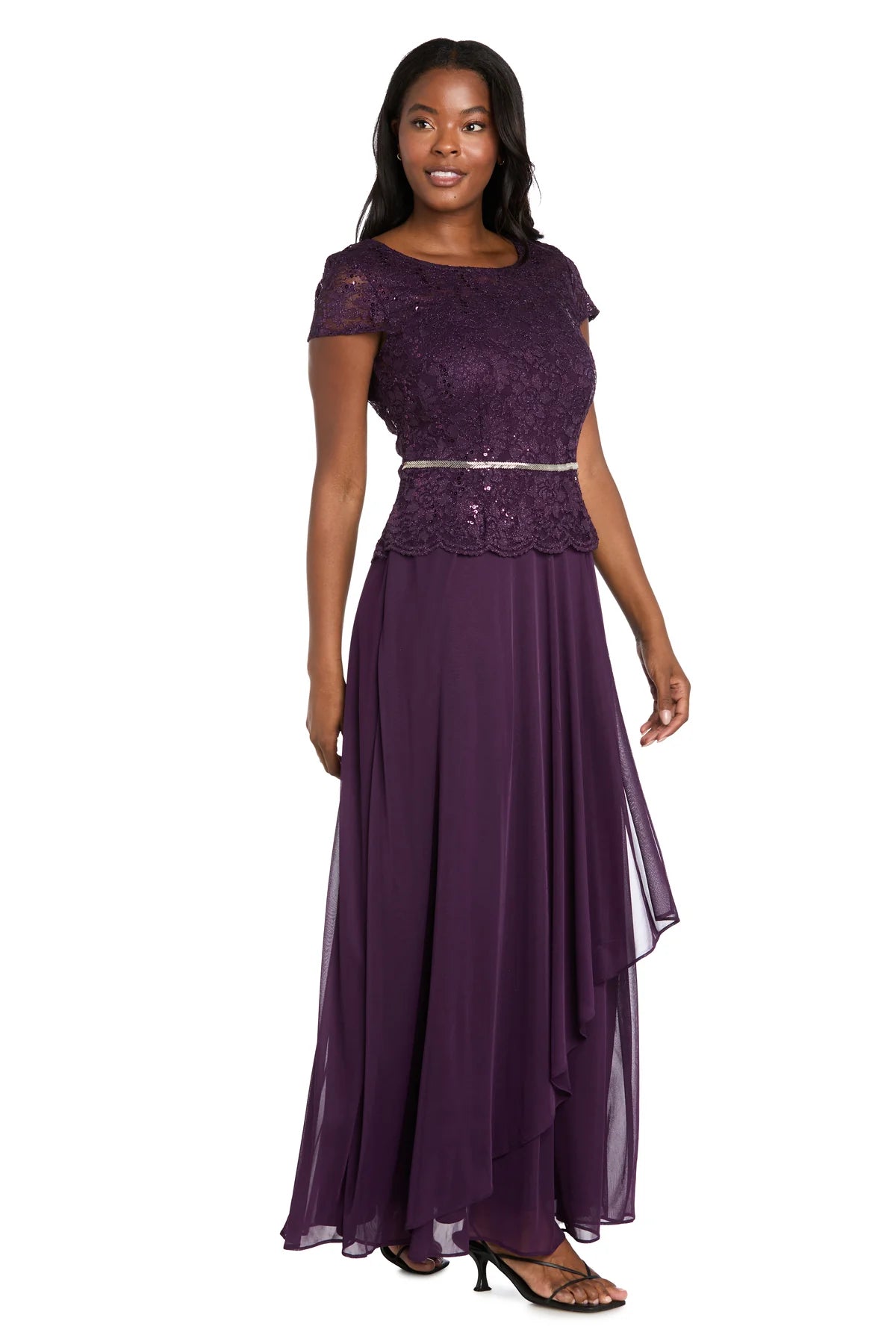 Sequin Lace Chiffon A-Line Round Neck Short-Sleeve Crew-Back Floor Length Evening Dress