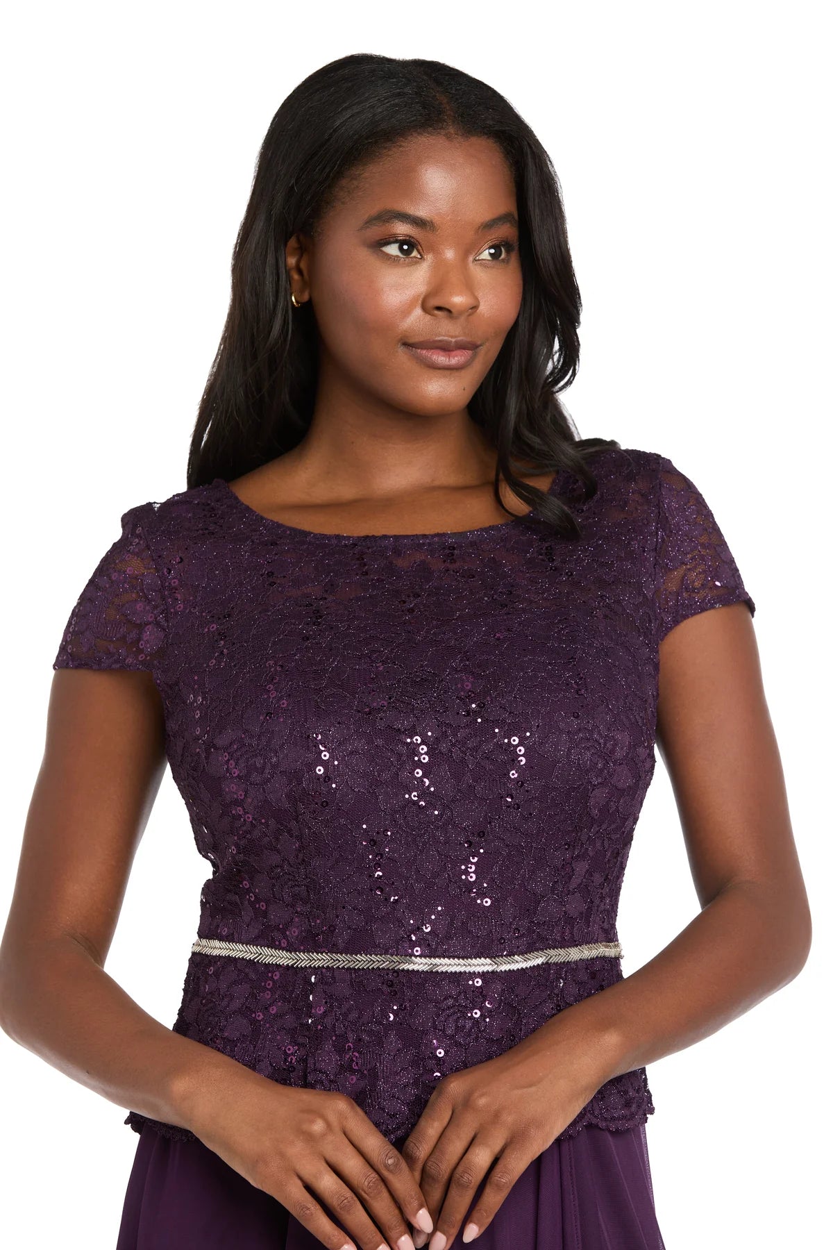 Sequin Lace Chiffon A-Line Round Neck Short-Sleeve Crew-Back Floor Length Evening Dress