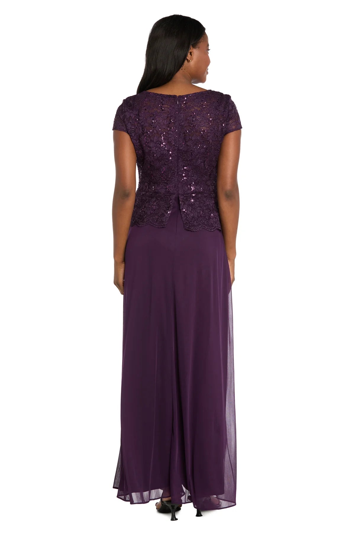 Sequin Lace Chiffon A-Line Round Neck Short-Sleeve Crew-Back Floor Length Evening Dress