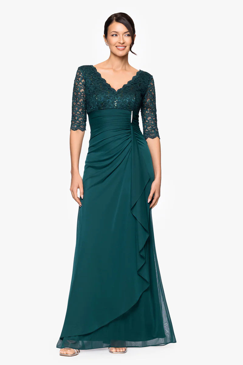 Sequin Lace Chiffon Long A Line Gown V Neck 3/4 Sleeve Ruched Waist Ruffle Skirt Zipper Back Floor Length Mother of the Bride Dresses