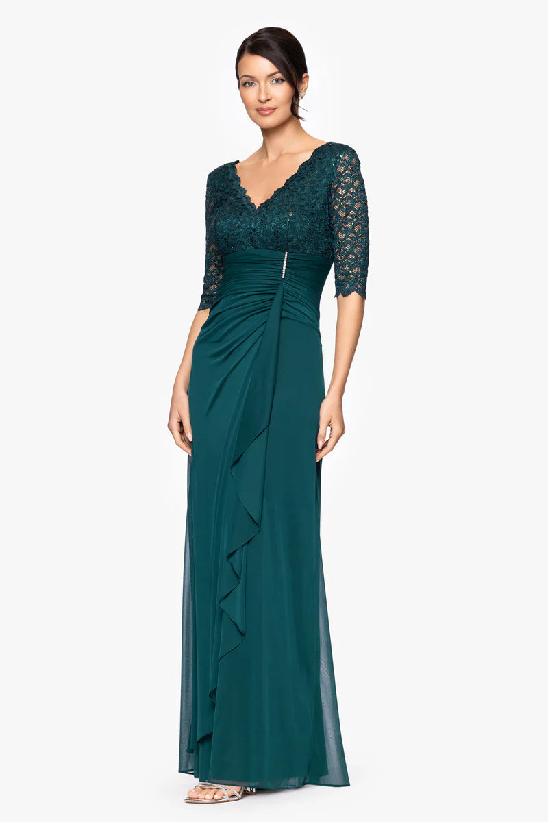 Sequin Lace Chiffon Long A Line Gown V Neck 3/4 Sleeve Ruched Waist Ruffle Skirt Zipper Back Floor Length Mother of the Bride Dresses