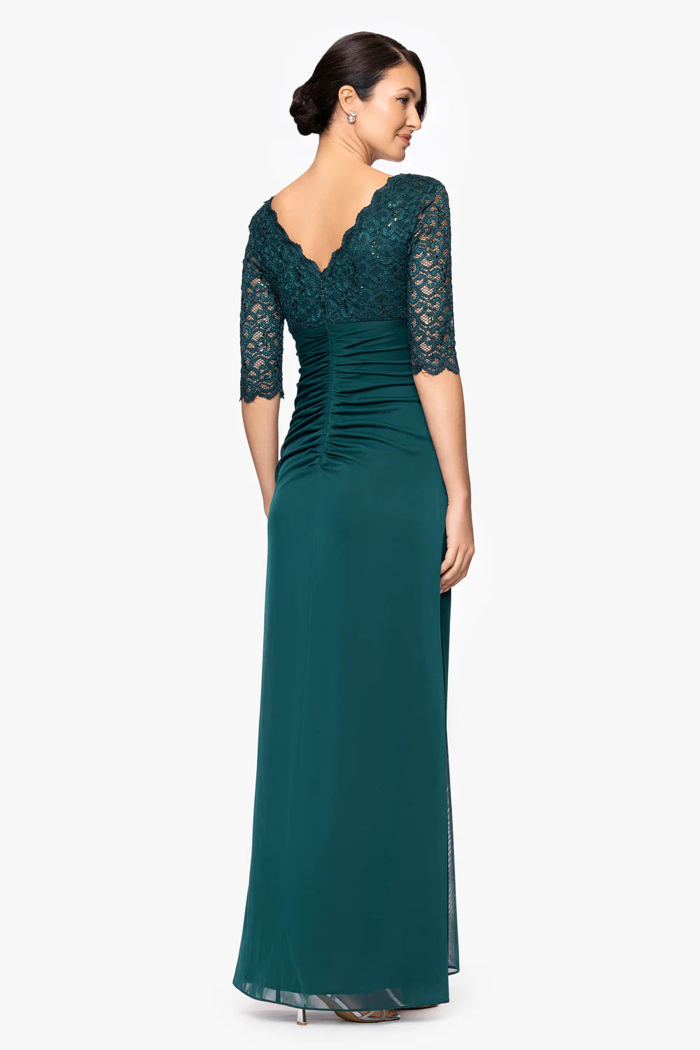Sequin Lace Chiffon Long A Line Gown V Neck 3/4 Sleeve Ruched Waist Ruffle Skirt Zipper Back Floor Length Mother of the Bride Dresses