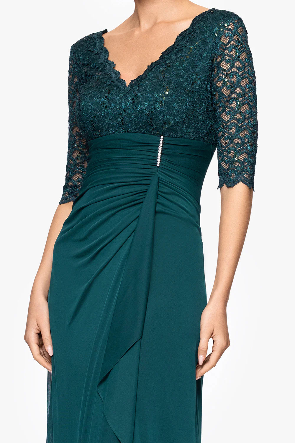 Sequin Lace Chiffon Long A Line Gown V Neck 3/4 Sleeve Ruched Waist Ruffle Skirt Zipper Back Floor Length Mother of the Bride Dresses
