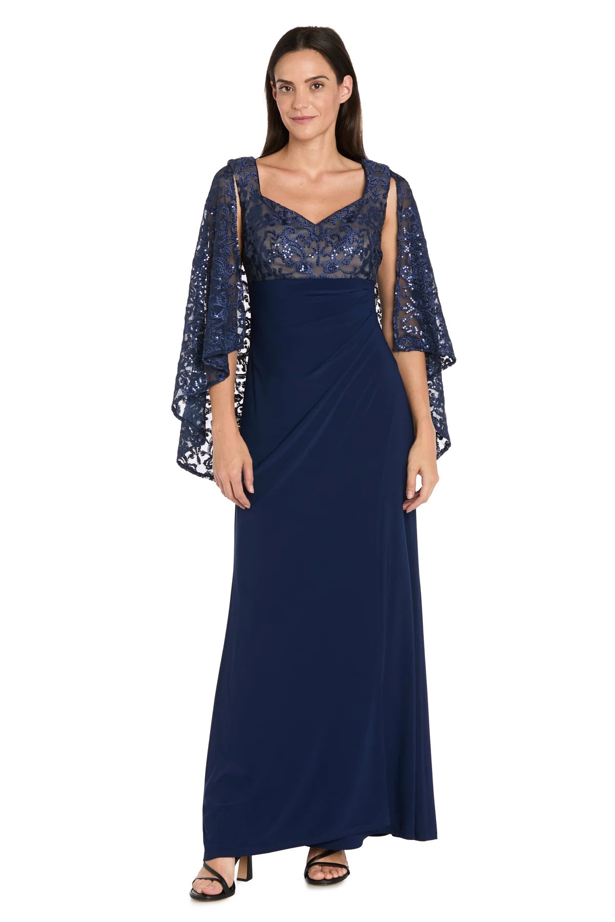 Sequin Lace Jersey A-Line Sweetheart Neck Cape-Sleeve Crew-Back Floor Length Evening Dress