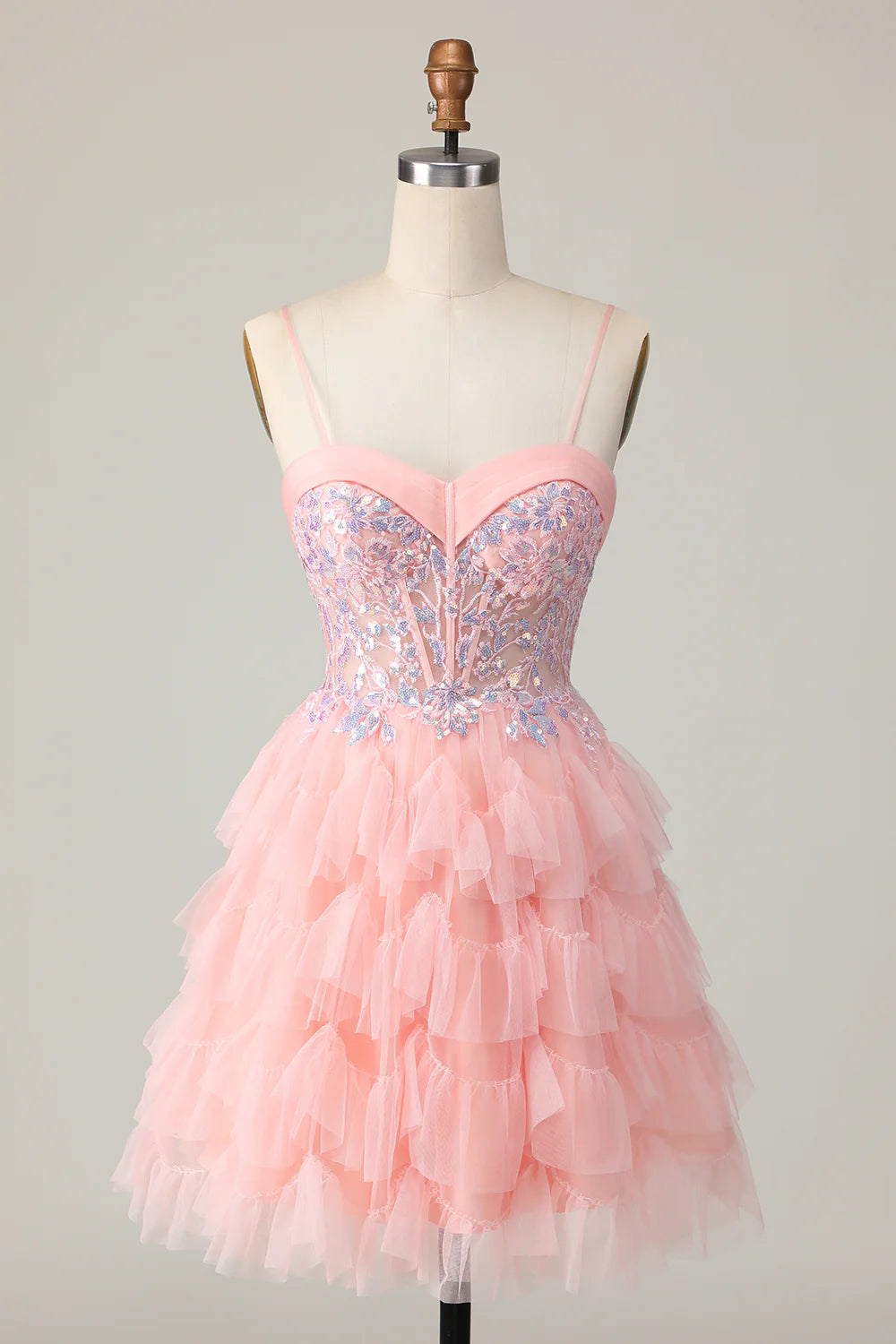Sequins Pink Tiered A Line Ruffled Homecoming Dress