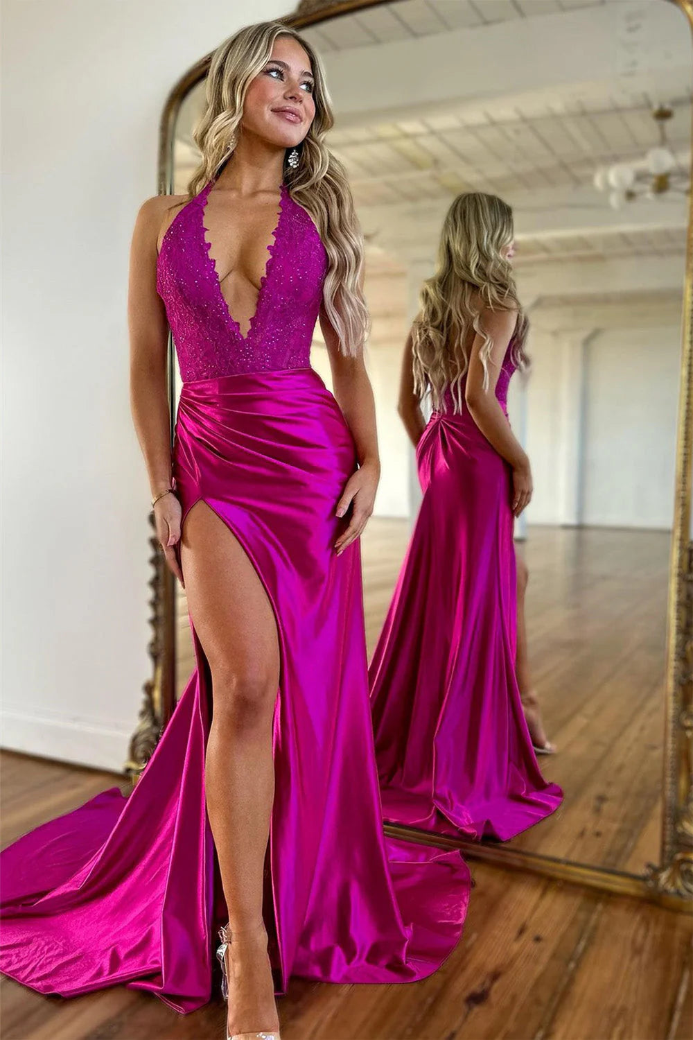 Fuchsia Satin Mermaid V-Neck Zipper Back Long Prom Dress