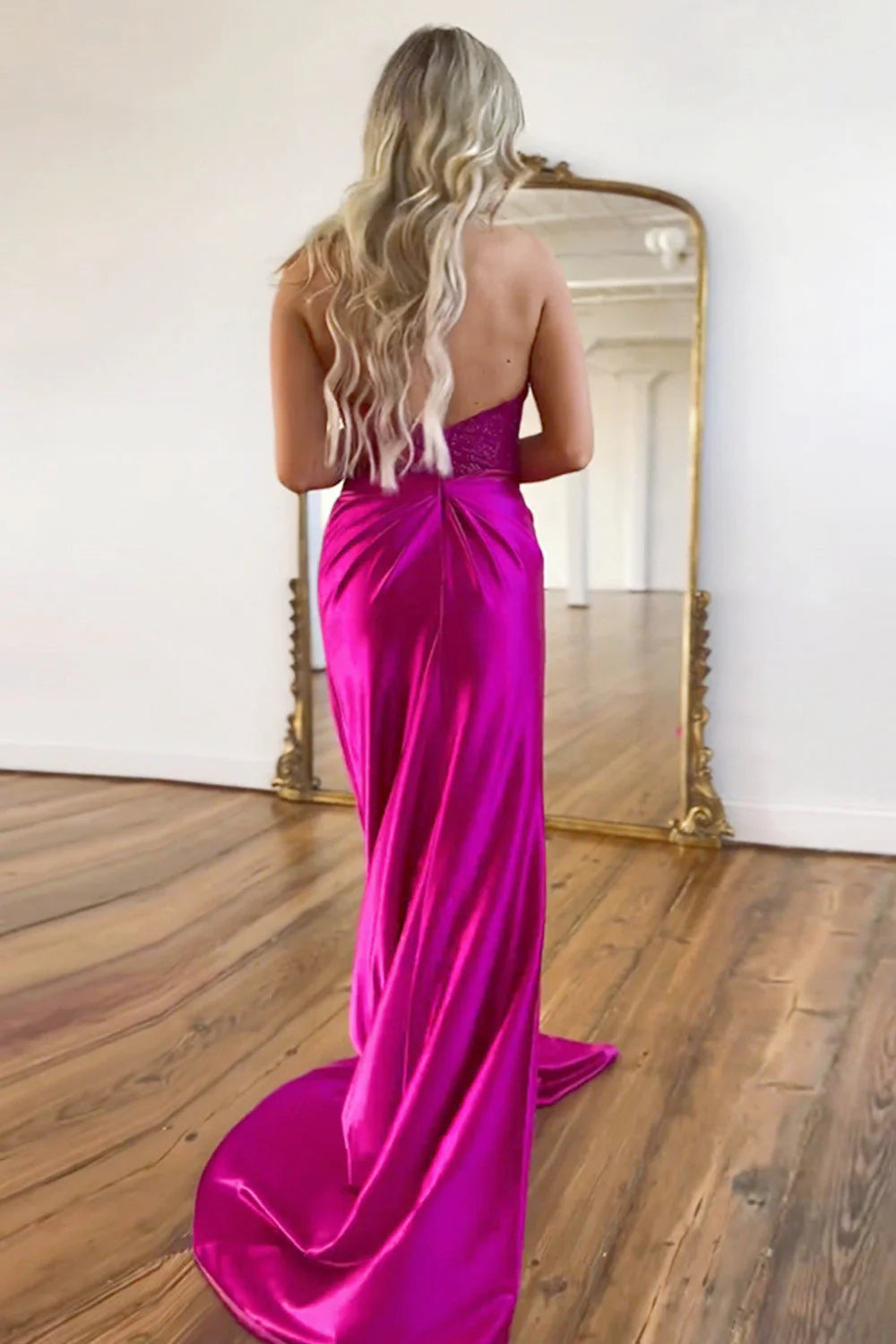 Fuchsia Satin Mermaid V-Neck Zipper Back Long Prom Dress