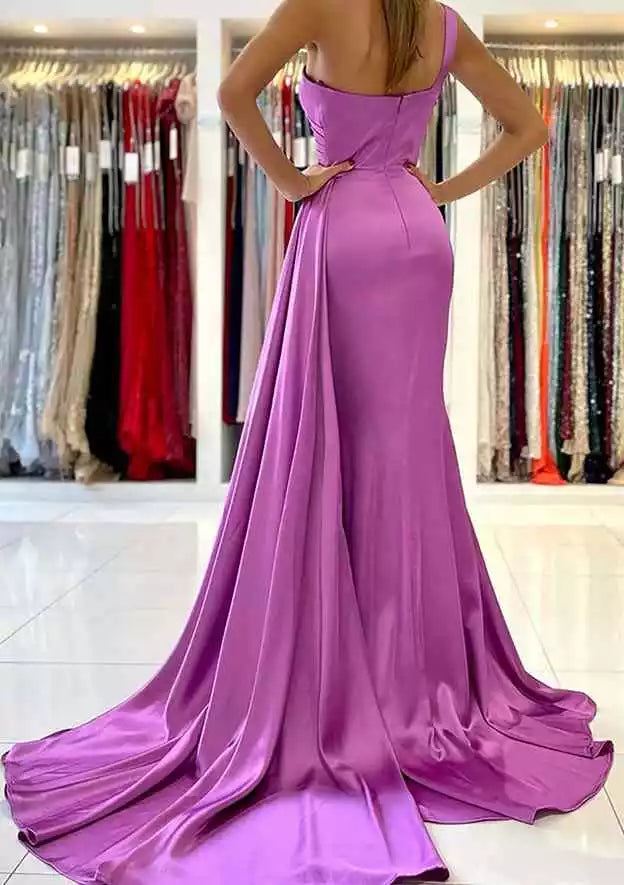Sexy and charming trumpet/mermaid style single shoulder sleeveless trailing satin pleated Prom Dresses