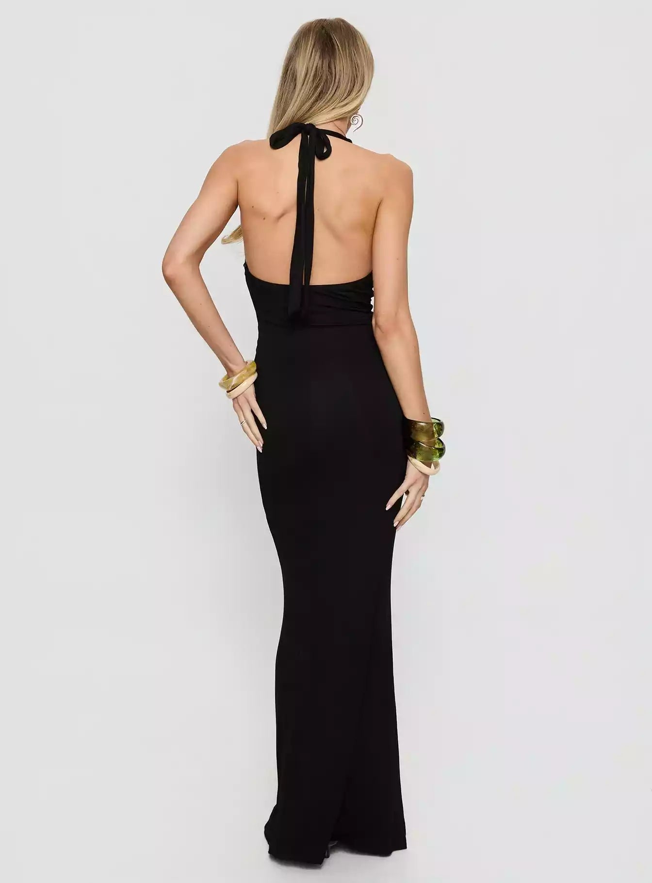 Sexy deep V-back backless neckline with adjustable pleats, hanging neck shoulder straps, low back Prom Dresses