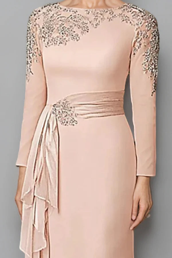 Sheath Blush Long Sleeve Mother Of The Bride Dress With Beading