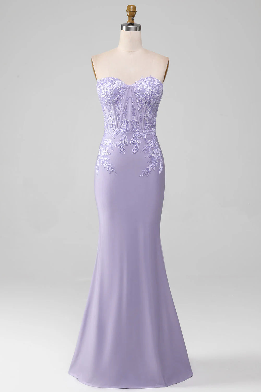 Sheath Lilac Sweetheart Corset Prom Dresses With Lace Appliques