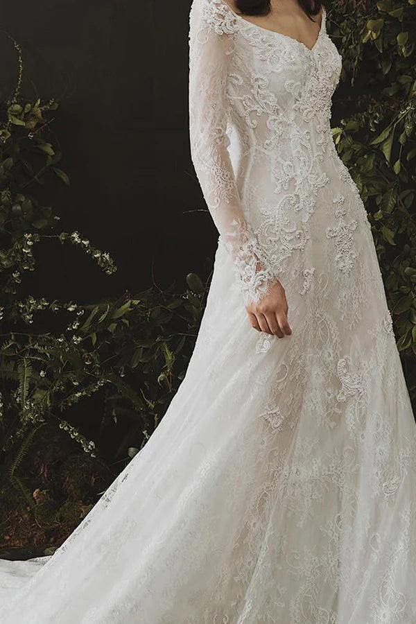 Sheath Long Sleeves Wedding Dress Lace Boho Wedding Gown