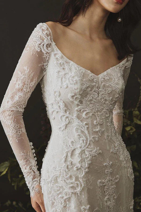 Sheath Long Sleeves Wedding Dress Lace Boho Wedding Gown
