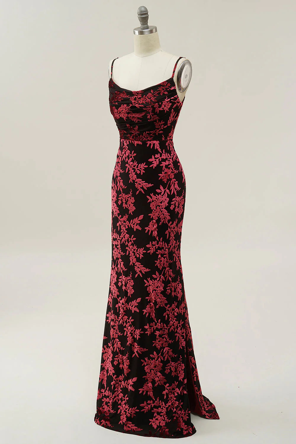 Sheath Spaghetti Straps Burgundy Printed Velvet Long Prom Dress with Silt