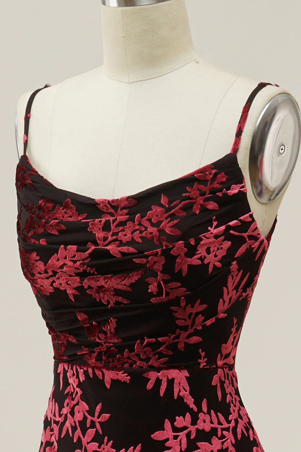 Sheath Spaghetti Straps Burgundy Printed Velvet Long Prom Dress with Silt