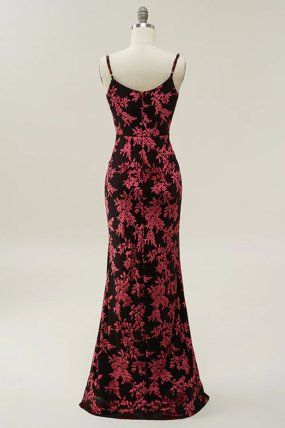 Sheath Spaghetti Straps Burgundy Printed Velvet Long Prom Dress with Silt