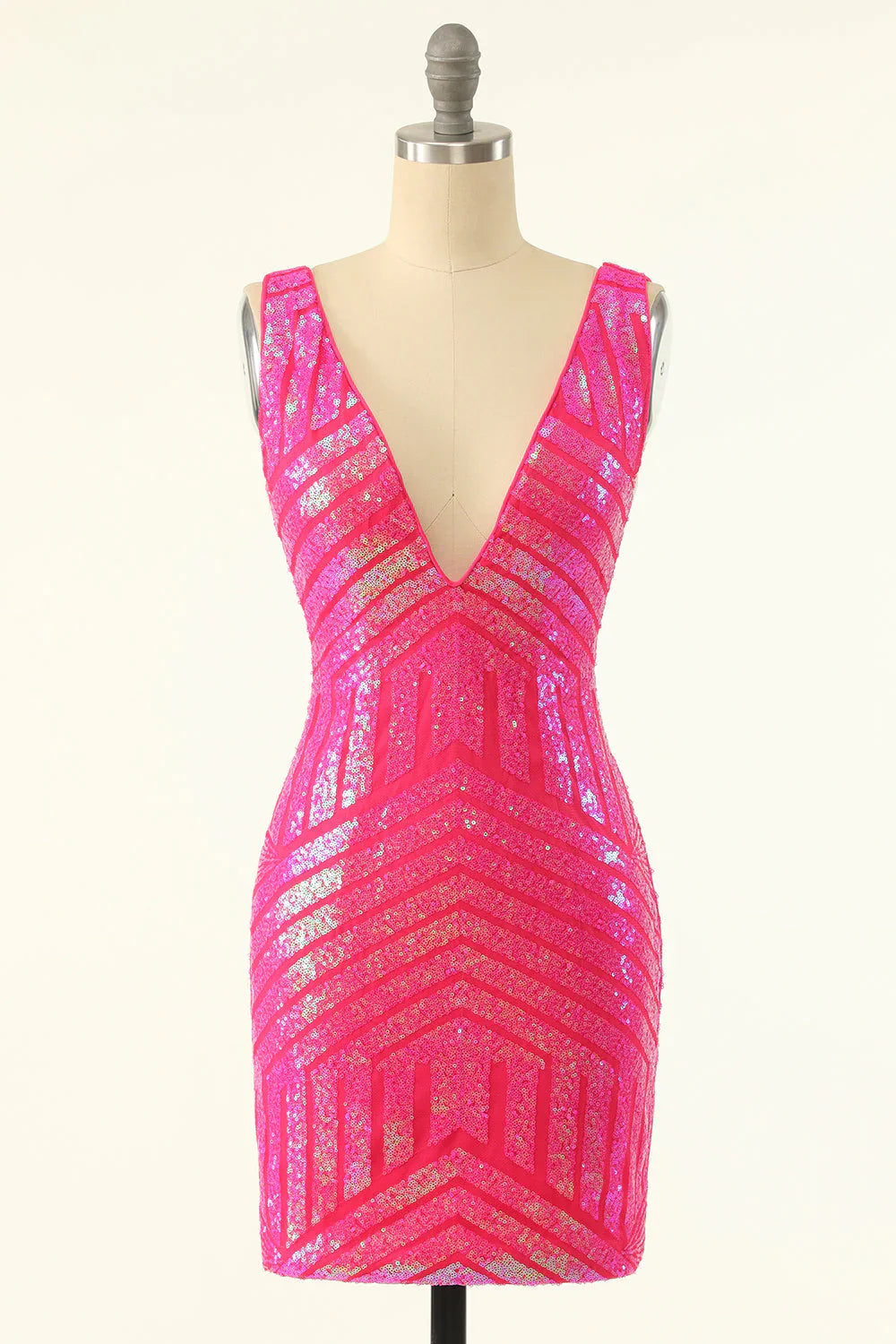 Sheath Sparkles V Neck Hot Pink Sequins Short Homecoming Dress