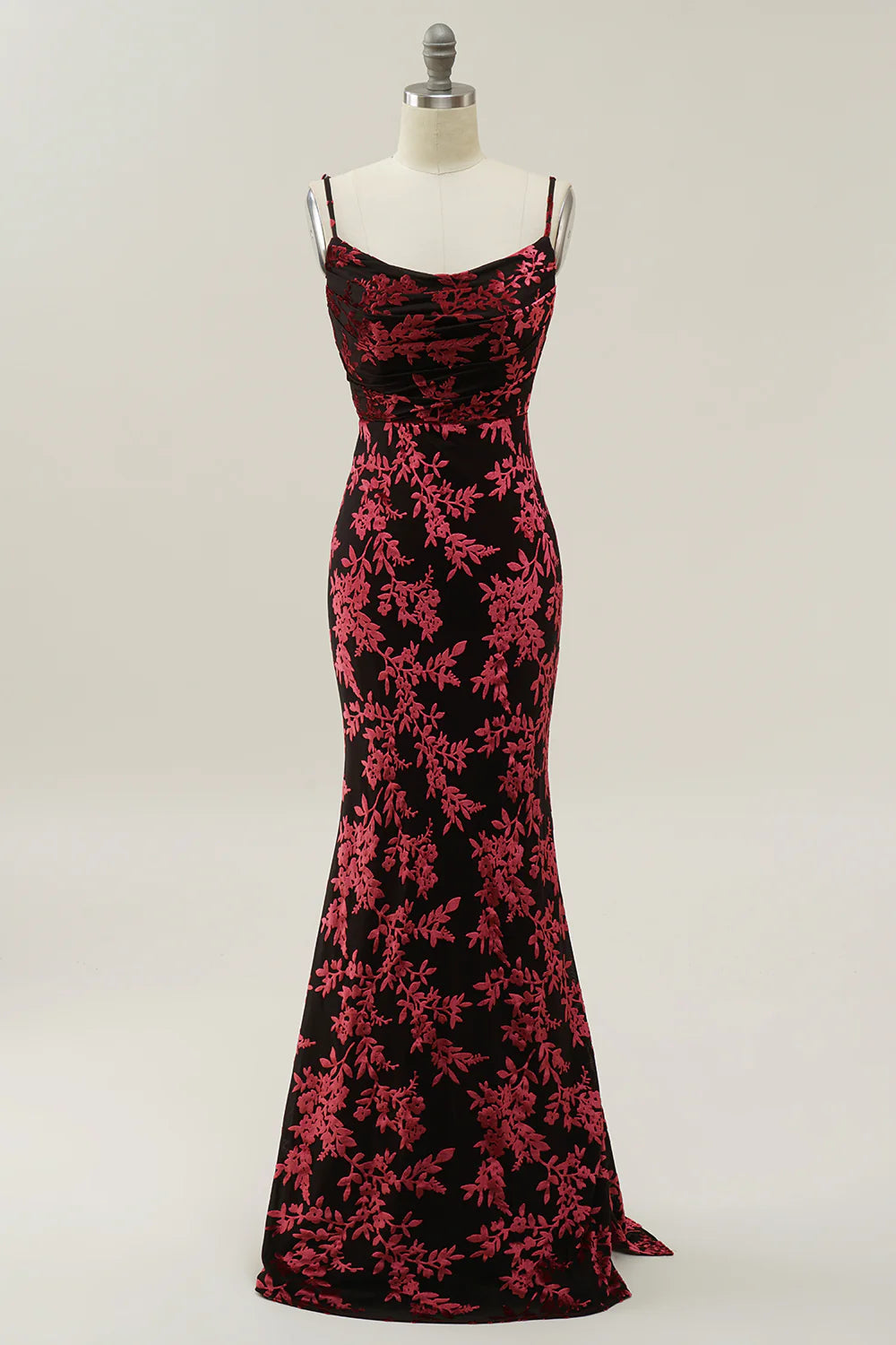 Sheath Spaghetti Straps Burgundy Printed Velvet Long Prom Dress with Silt