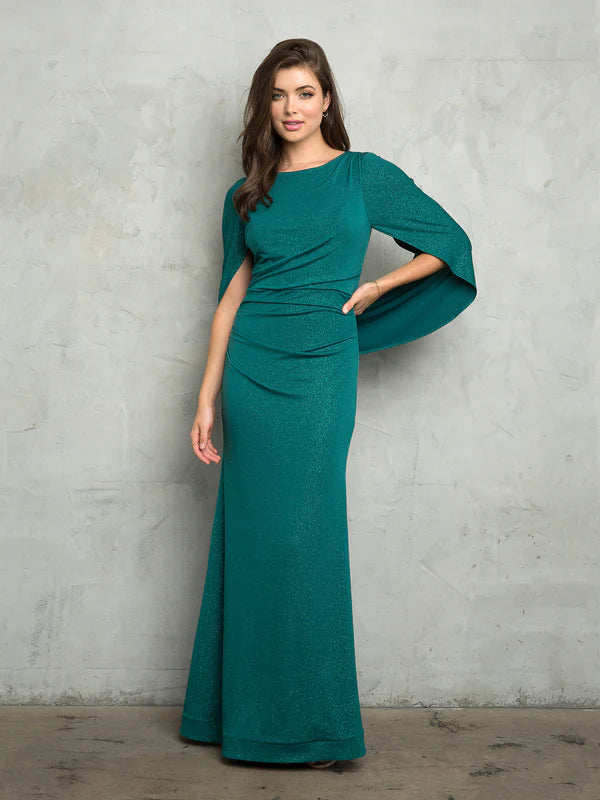 Shimmer Knit Fitted Boat Neck Capelet Sleeve Floor Length Mother of the Bride Dress
