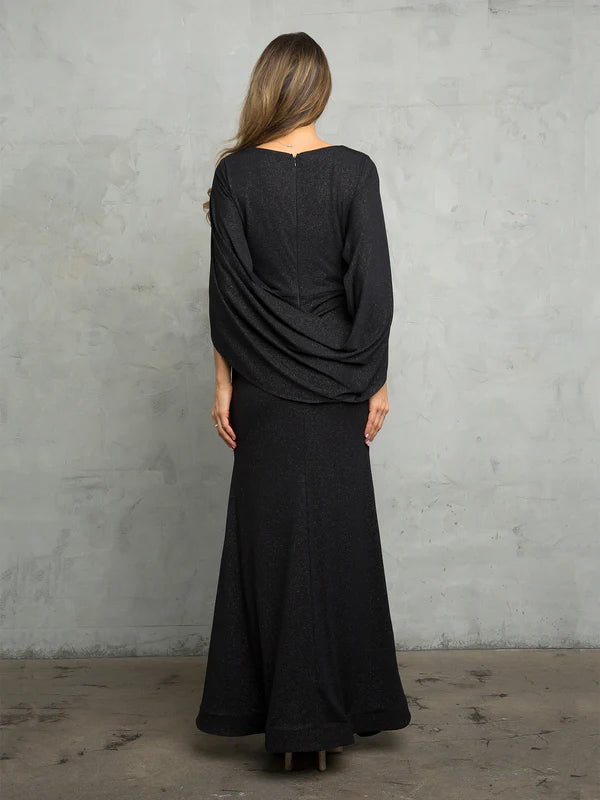 Shimmer Knit Fitted Boat Neck Capelet Sleeve Floor Length Mother of the Bride Dress