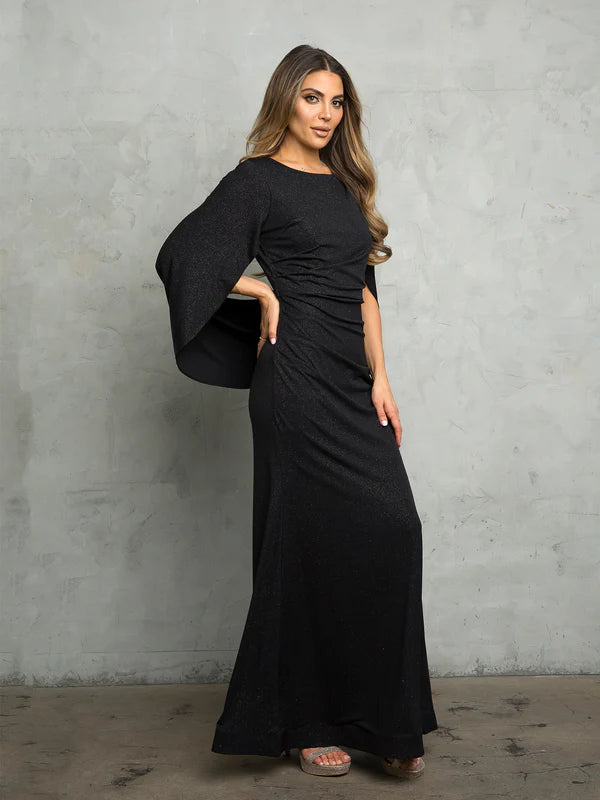 Shimmer Knit Fitted Boat Neck Capelet Sleeve Floor Length Mother of the Bride Dress