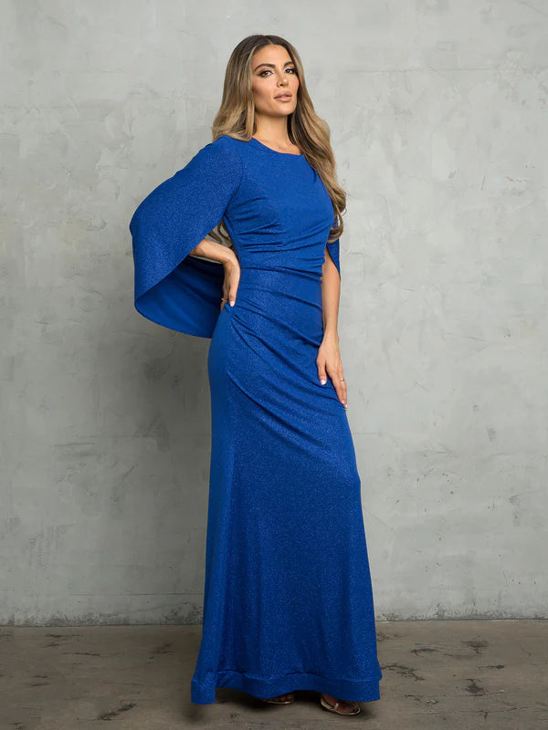 Shimmer Knit Fitted Boat Neck Capelet Sleeve Floor Length Mother of the Bride Dress