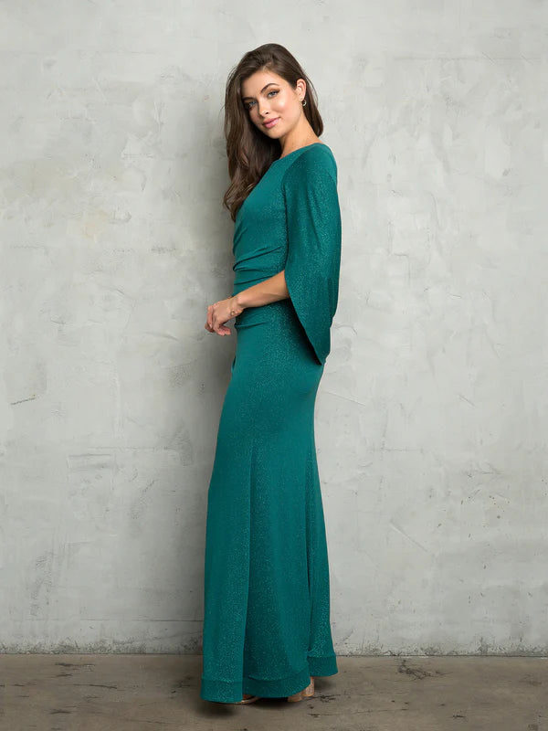 Shimmer Knit Fitted Boat Neck Capelet Sleeve Floor Length Mother of the Bride Dress