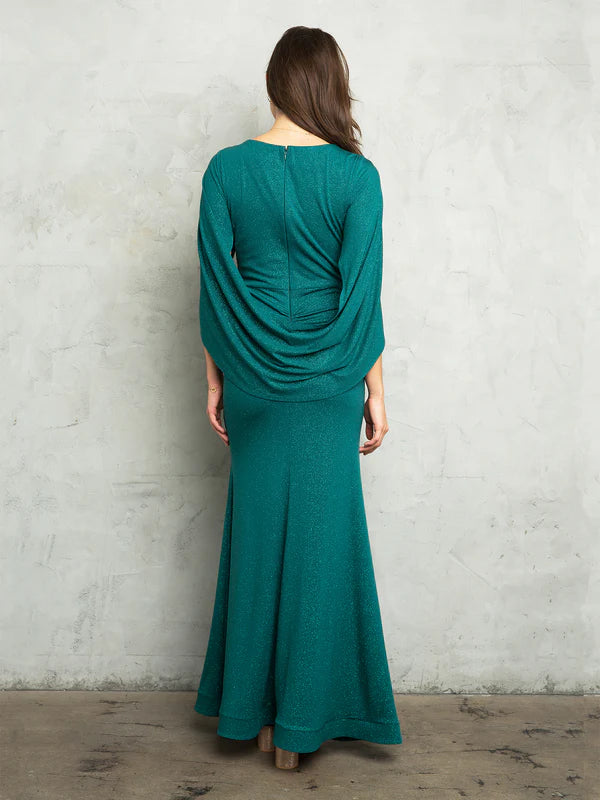 Shimmer Knit Fitted Boat Neck Capelet Sleeve Floor Length Mother of the Bride Dress