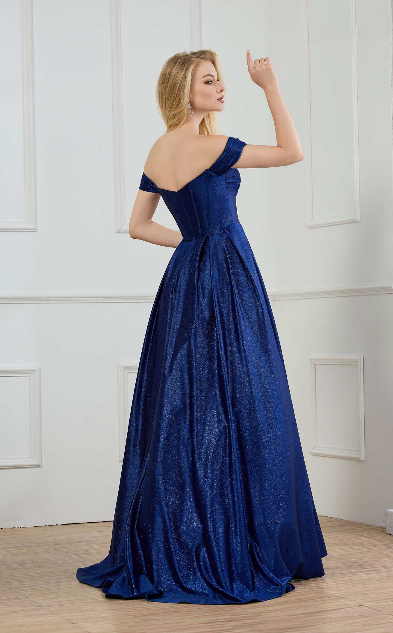 Shimmering A-line off-the-shoulder sweetheart short-sleeve open-back floor-length evening dresses