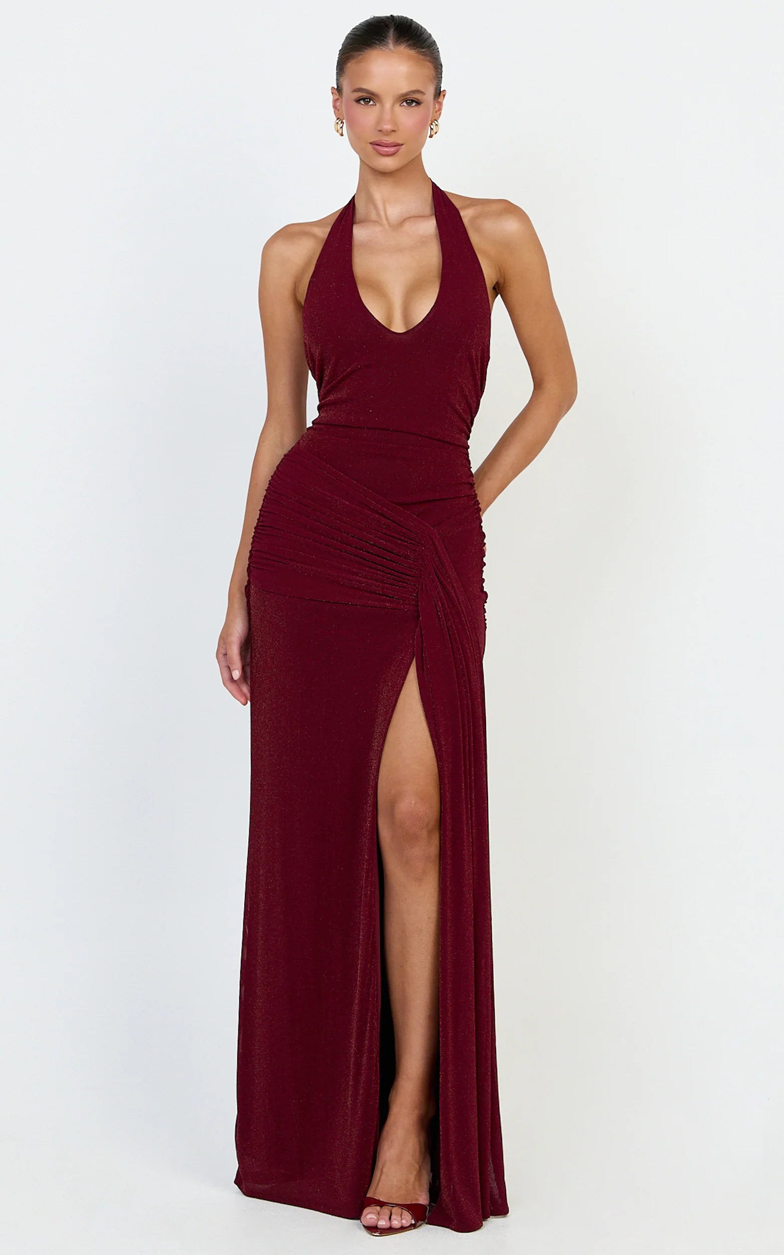 Shimmering Form-Fitting Halter-Neck Sleeveless Tie-Back Slit Burgundy Evening Dress