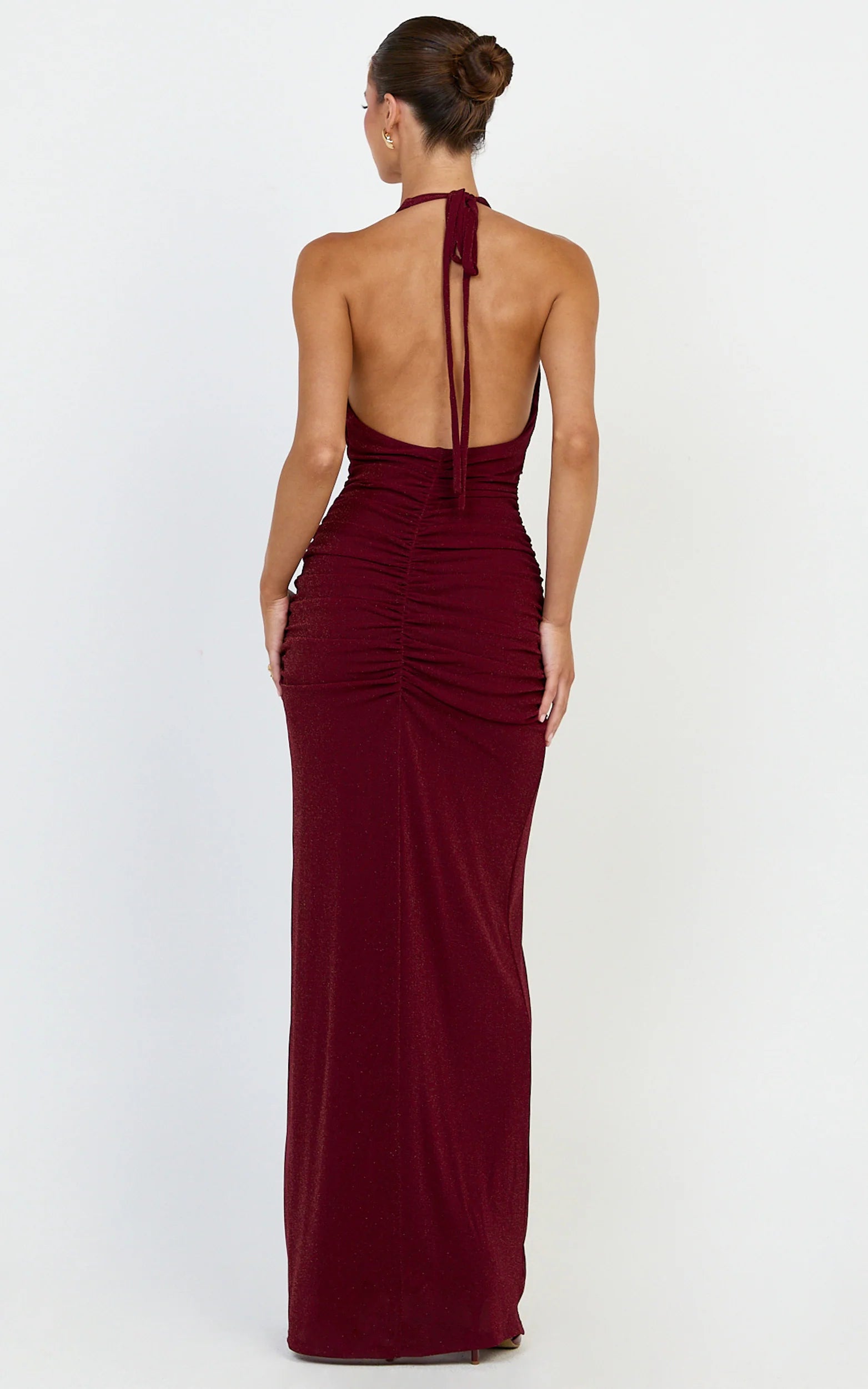 Shimmering Form-Fitting Halter-Neck Sleeveless Tie-Back Slit Burgundy Evening Dress