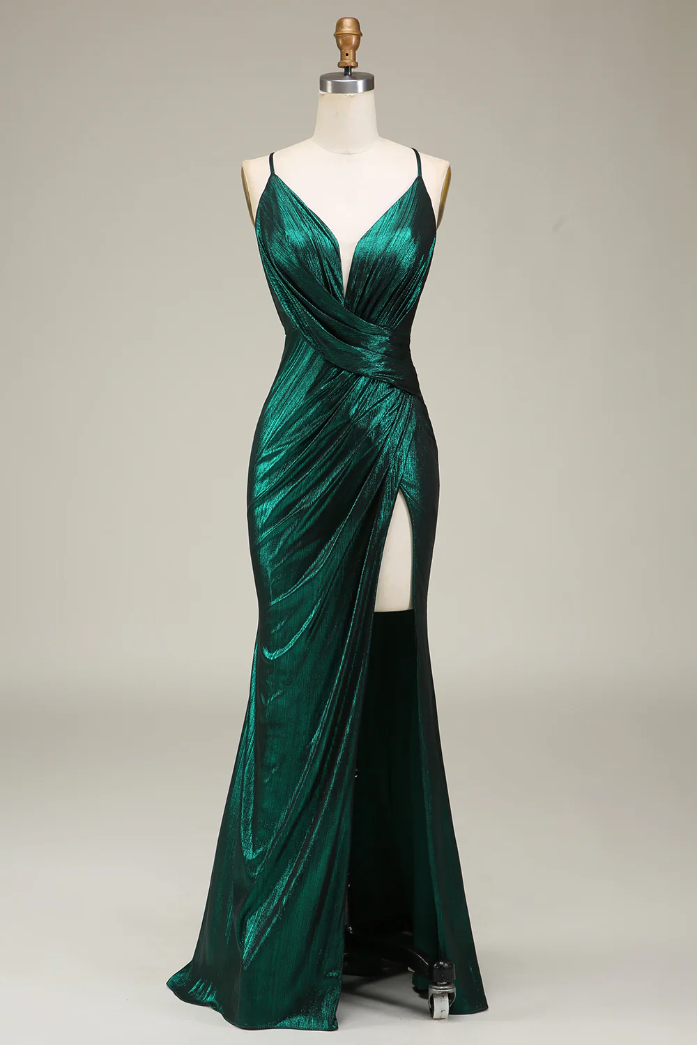 Shimmering Mermaid Deep V Spaghetti Straps Crisscross Tie Back Floor-Length Evening Dress