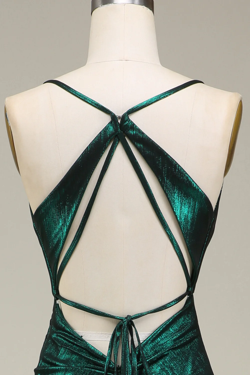 Shimmering Mermaid Deep V Spaghetti Straps Crisscross Tie Back Floor-Length Evening Dress