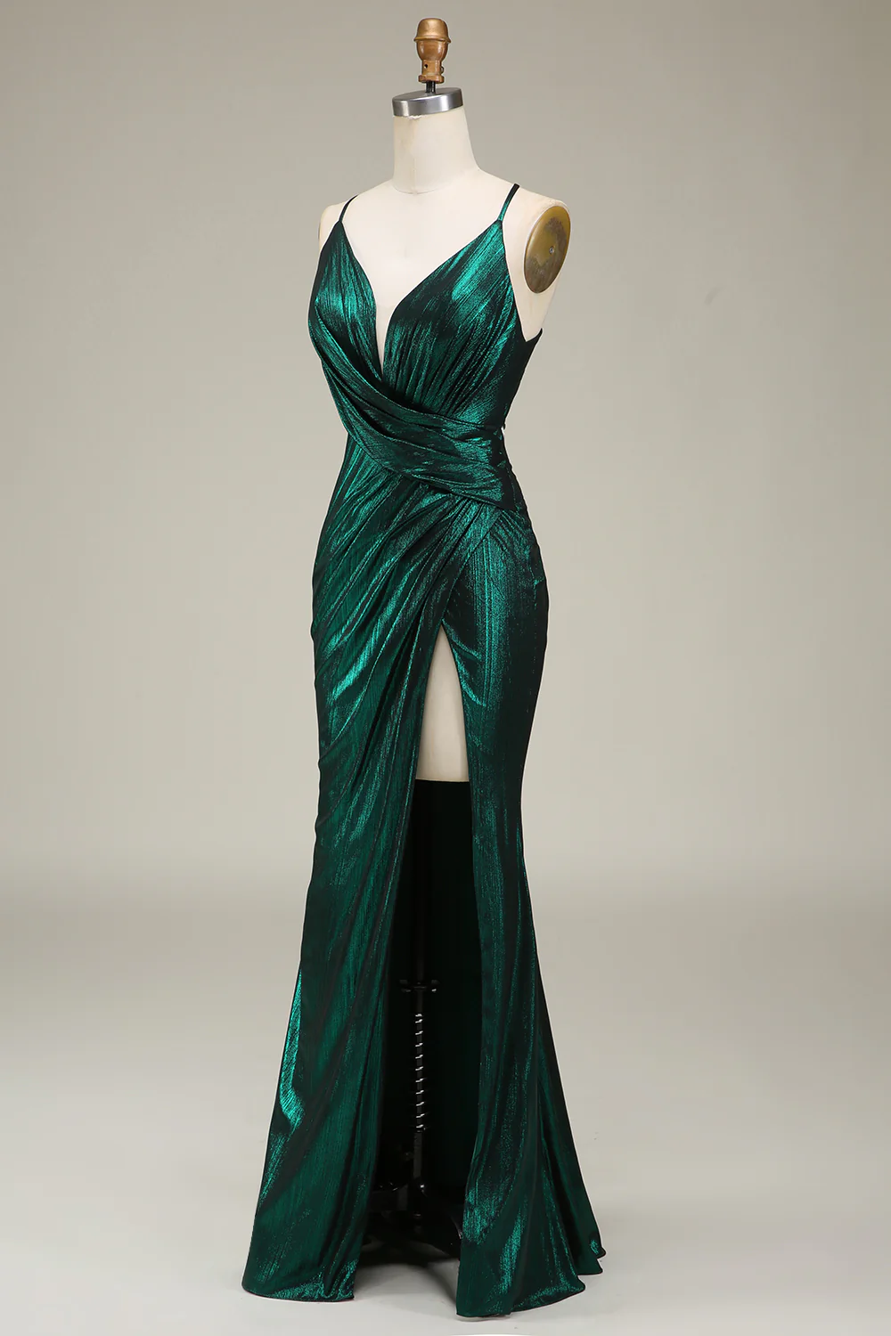 Shimmering Mermaid Deep V Spaghetti Straps Crisscross Tie Back Floor-Length Evening Dress