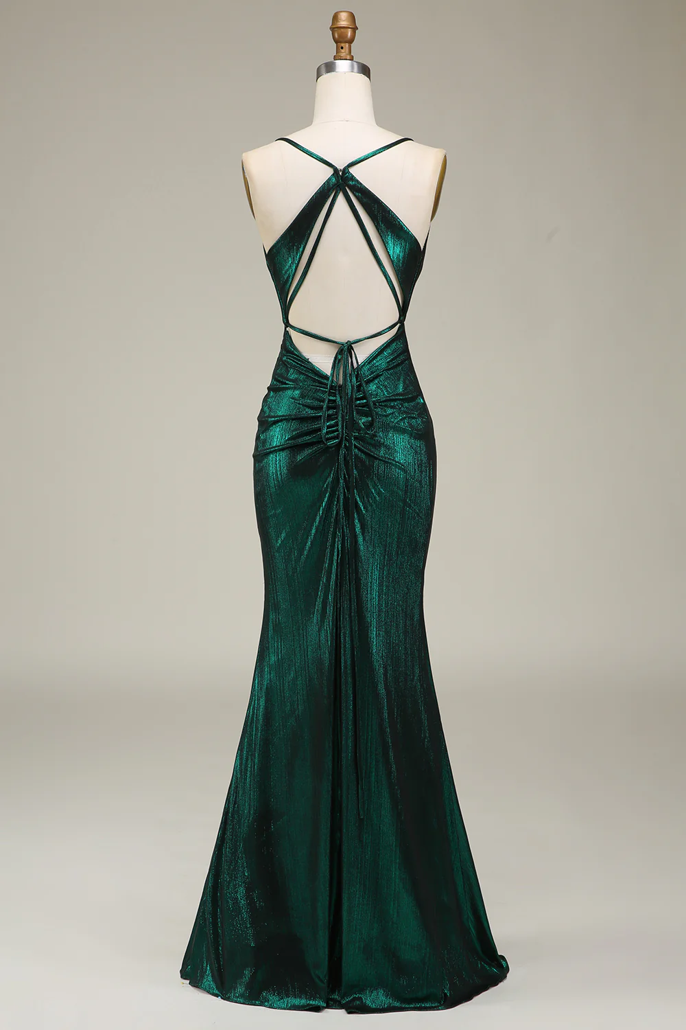 Shimmering Mermaid Deep V Spaghetti Straps Crisscross Tie Back Floor-Length Evening Dress