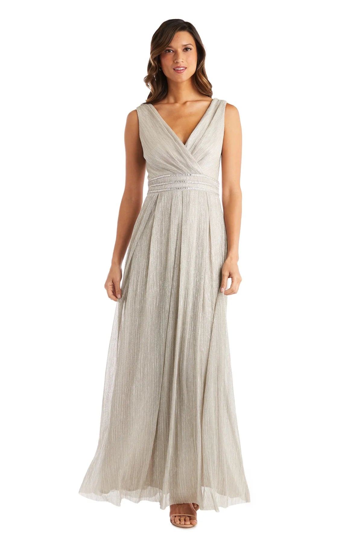 Shimmering Metallic A-Line V-Neck Sleeveless V-Back Floor Length Evening Dress
