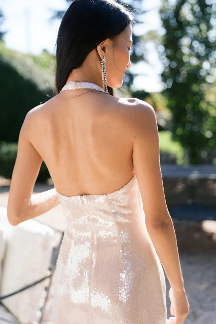 Shimmering Sequin Sheath Halter Plunging V-Neck Sleeveless Open Back Maxi Evening Dresses