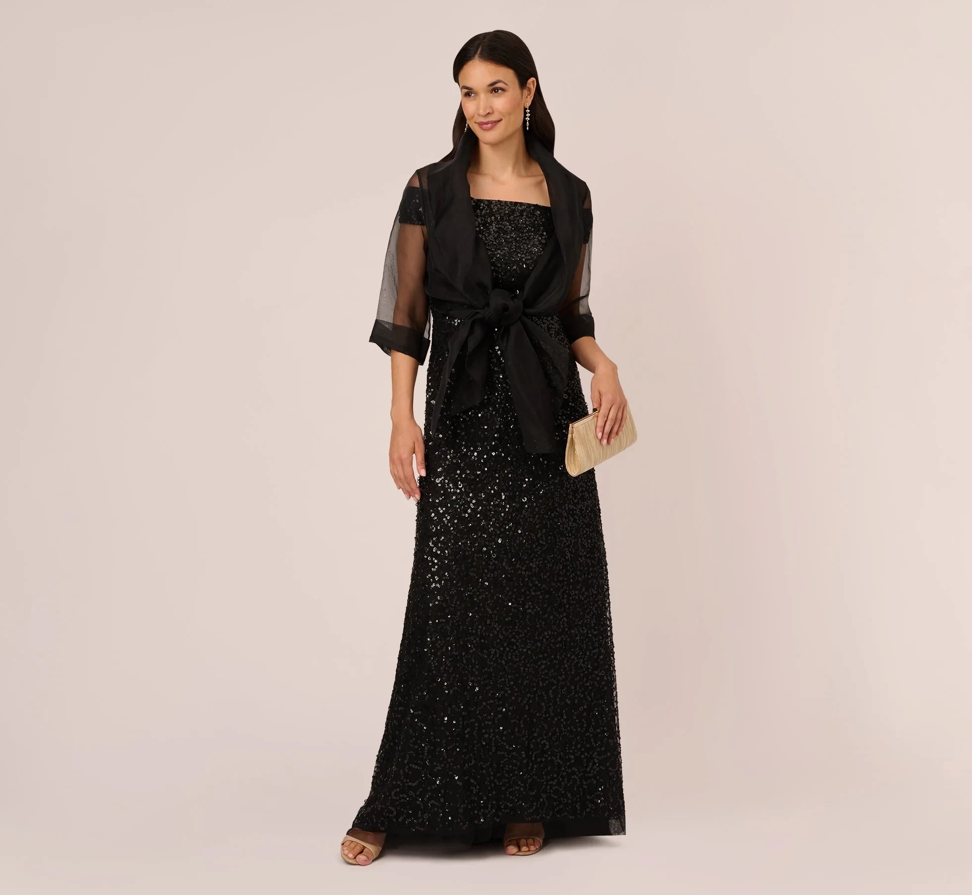 Shimmering Sequin Two Piece Square Neck 3/4 Sleeve High Back Floor-Length Mother of the Bride Dresses