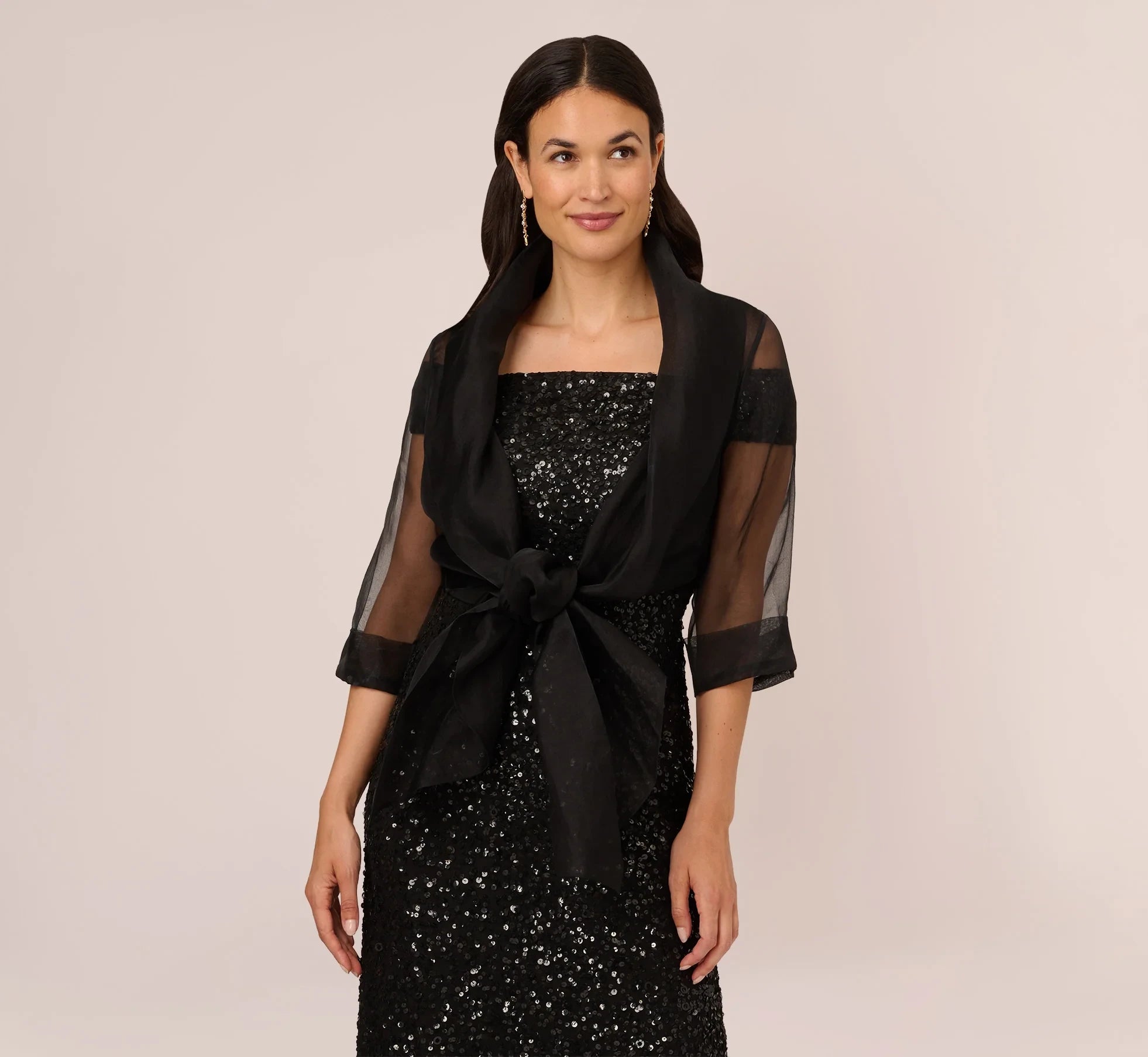 Shimmering Sequin Two Piece Square Neck 3/4 Sleeve High Back Floor-Length Mother of the Bride Dresses