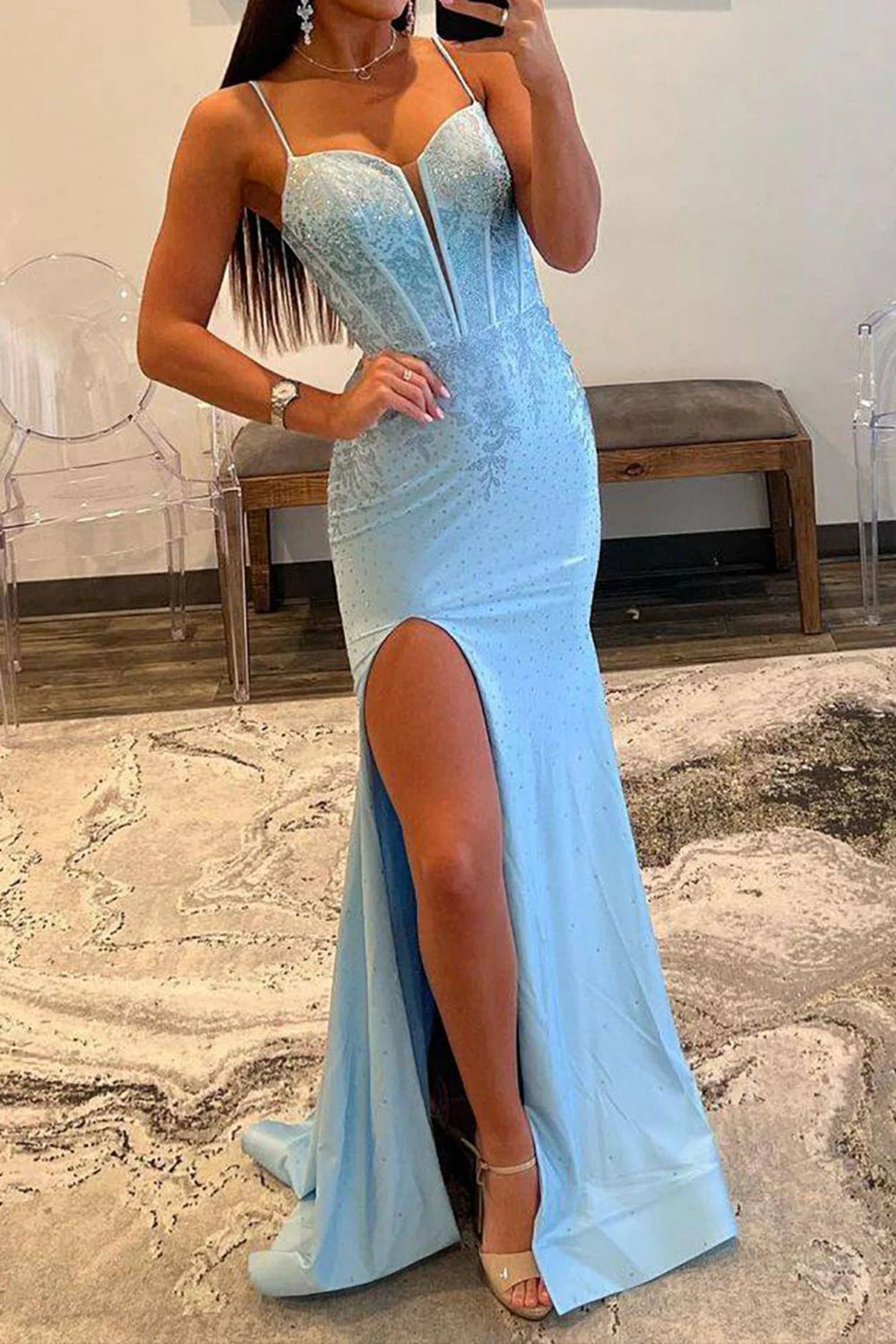 Glitter Light Blue Mermaid Lace Up Long  Unique Design Prom Dress