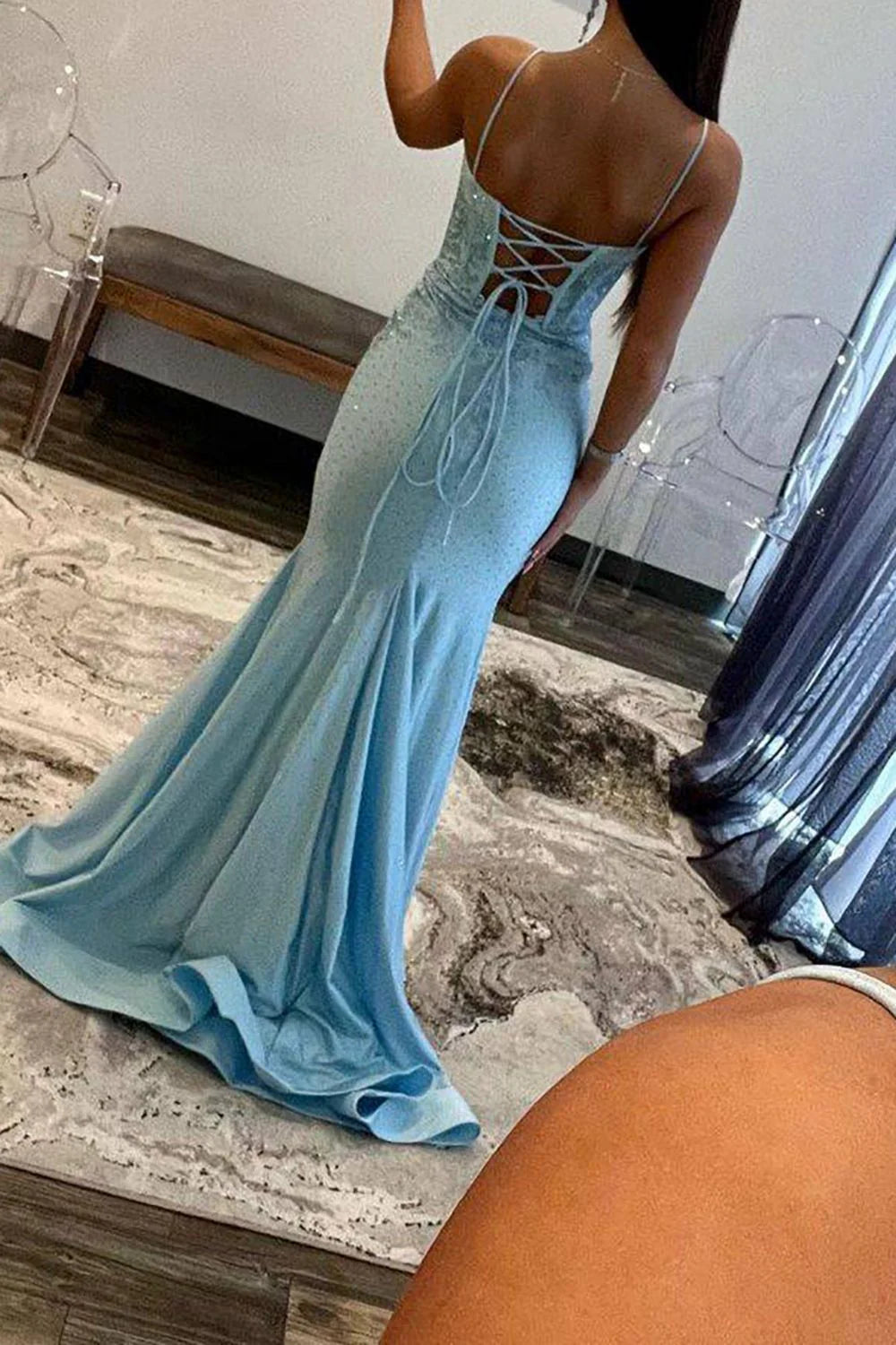 Glitter Light Blue Mermaid Lace Up Long  Unique Design Prom Dress