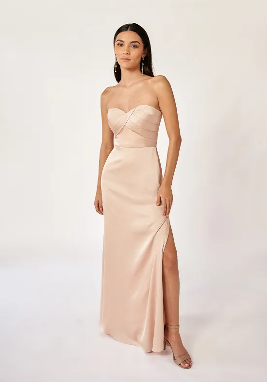 Shiny Champagne Mermaid Strapless Sweetheart Neck Sleeveless Plain Zipper Back High Slit Floor Length Bridesmaid Dress