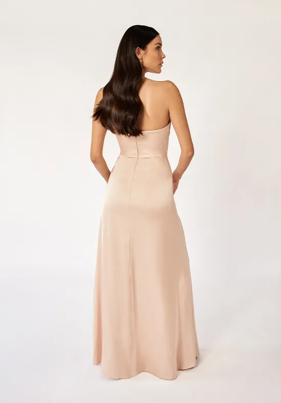 Shiny Champagne Mermaid Strapless Sweetheart Neck Sleeveless Plain Zipper Back High Slit Floor Length Bridesmaid Dress