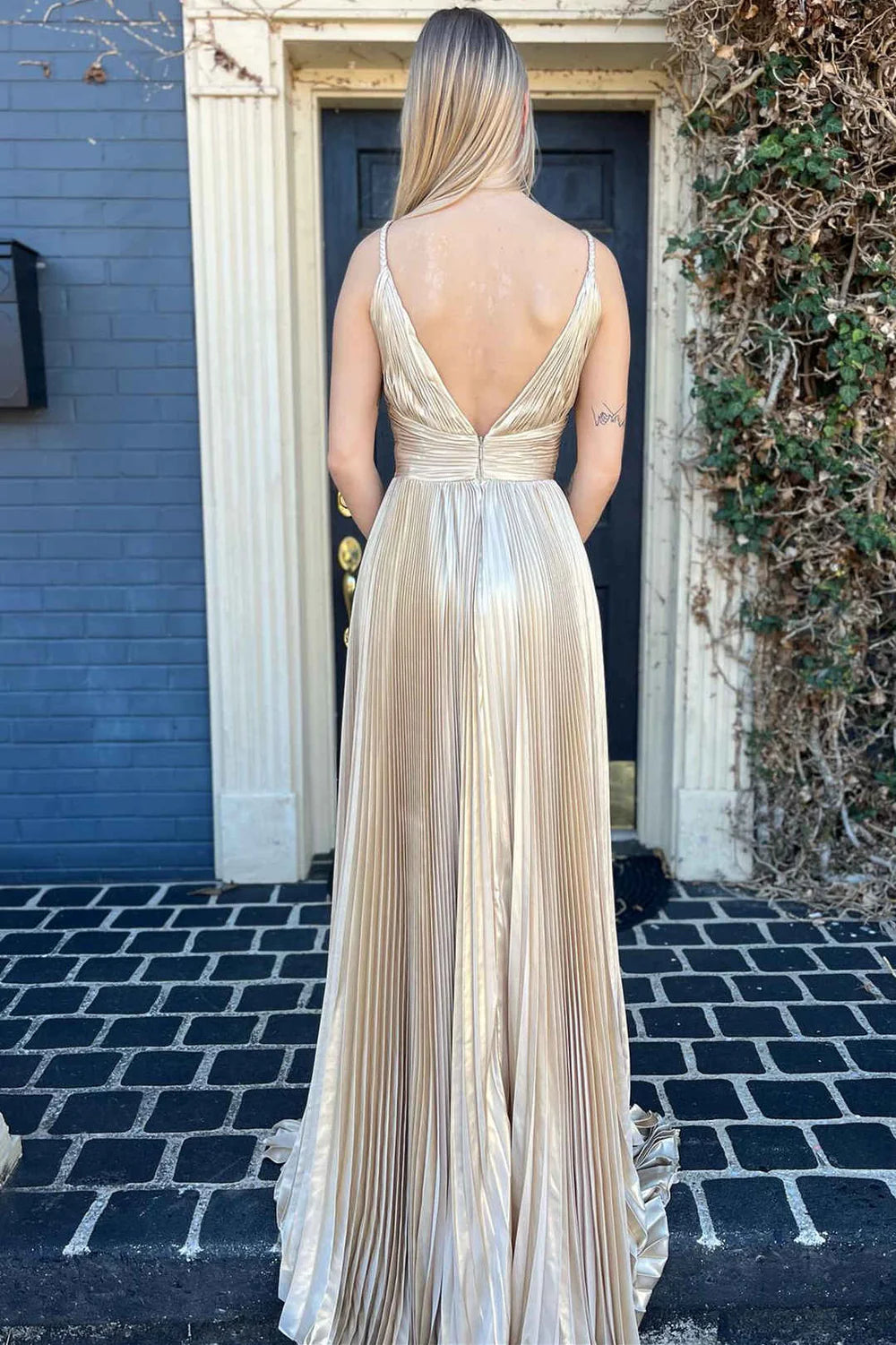 Shiny Gold Pleated A-Line V-Neck Spaghetti Straps Backless Floor-Length Evening Dress