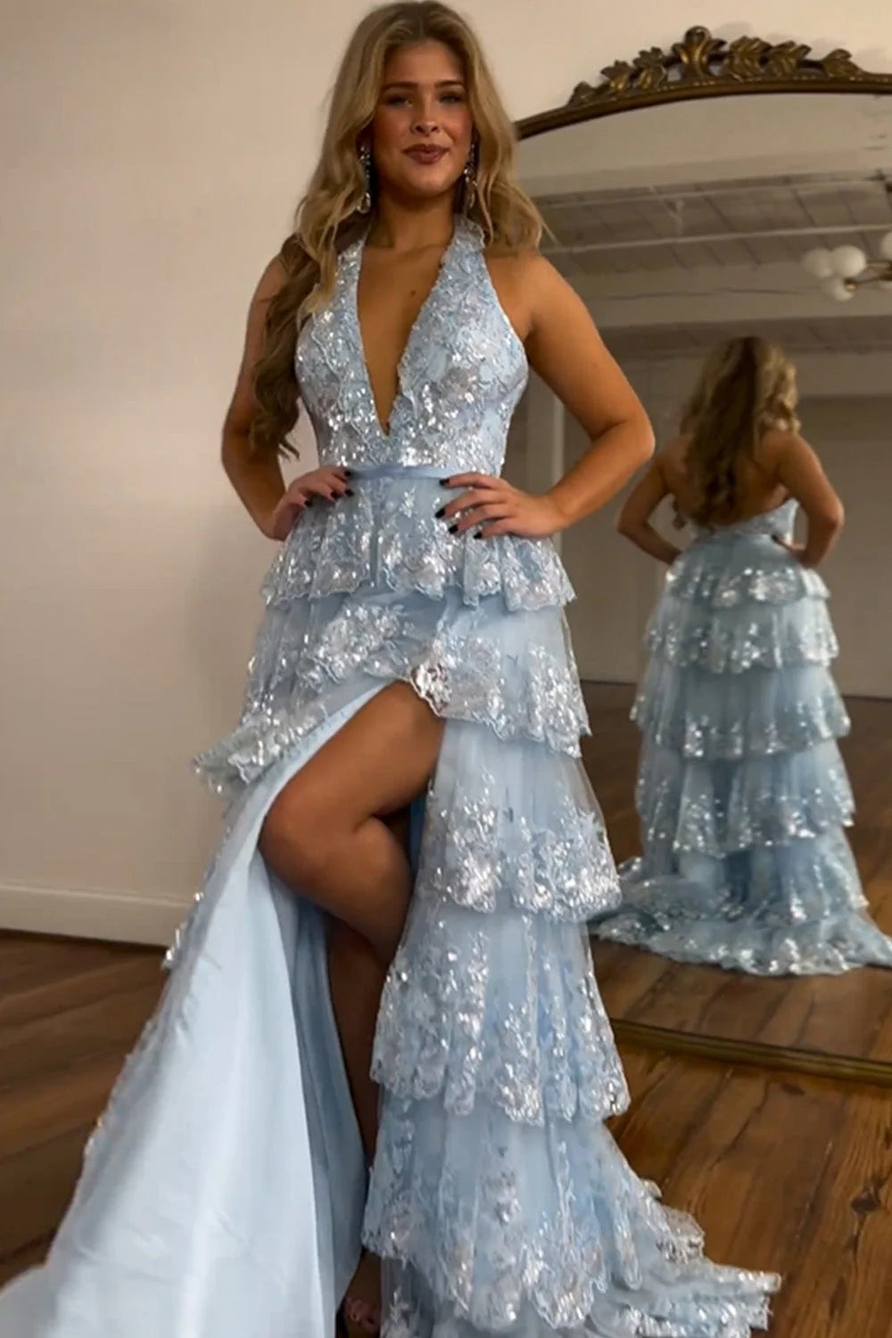 Shiny Light Blue A-Line Halter Backless Long Tulle Prom Dress