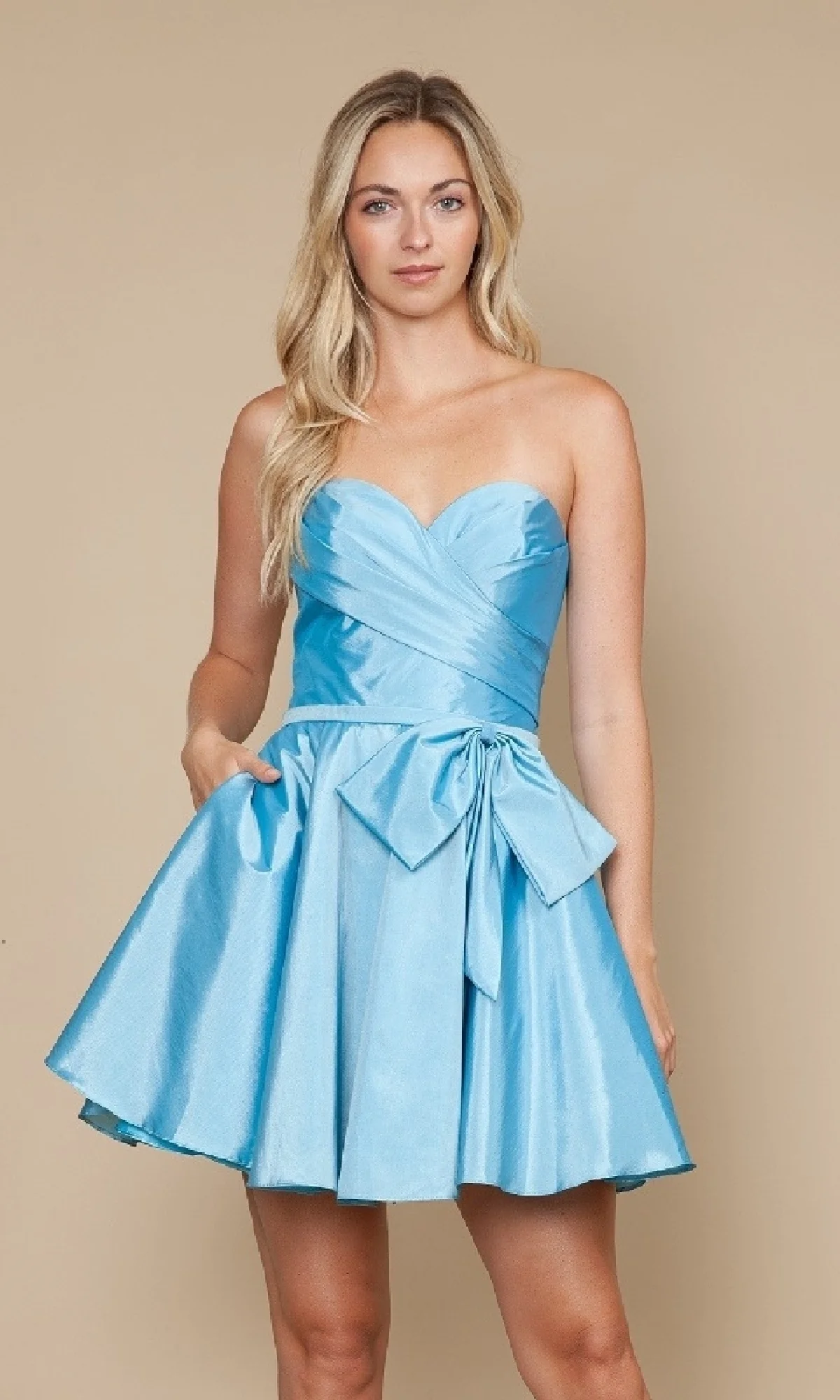Shiny Satin Fit Flare Mini Strapless Sweetheart Neck Sleeveless Lace Up Corset Back Side Bow Pocket Mini Length Homecoming Dresses
