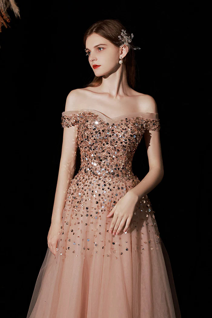 Shiny Tulle Long A-Line Prom Dress with Sequins, Off the Shoulder Party Dress