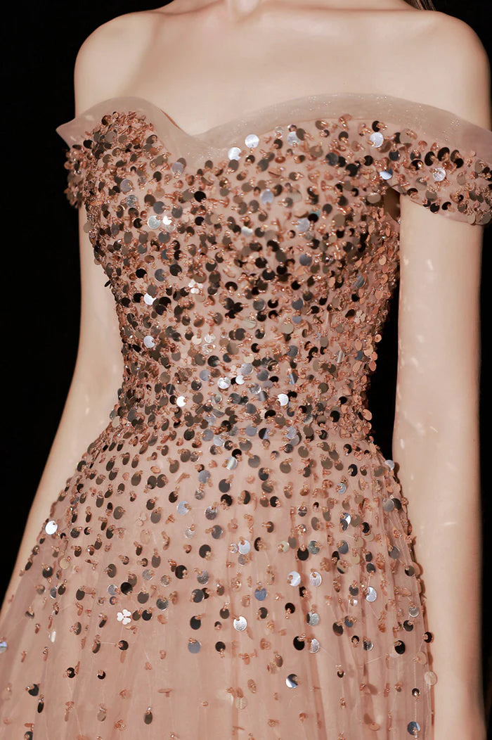 Shiny Tulle Long A-Line Prom Dress with Sequins, Off the Shoulder Party Dress