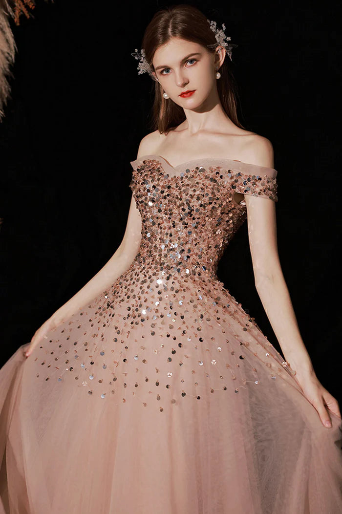 Shiny Tulle Long A-Line Prom Dress with Sequins, Off the Shoulder Party Dress