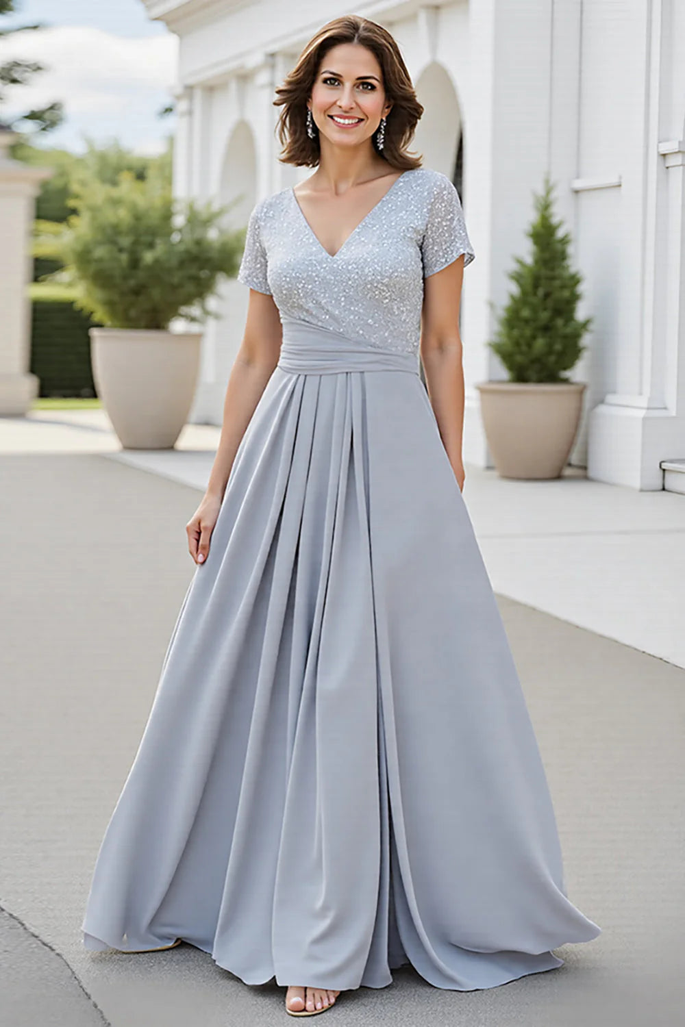 Silver Chiffon V-Neck Long Mother of the Bride Dress with Short Sleeves